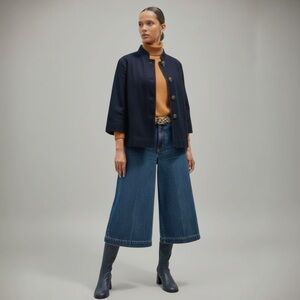 Ladies Focus 2000 Swing Blue Denim Lined 3  Button Jacket 3/4 Sleeves Size 8